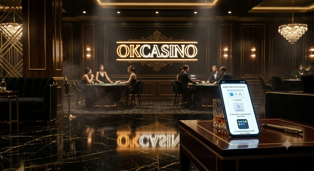 หน้าจอสมาร์ทโฟนแสดงขั้นตอนวิธีบันทึกทางเข้า OKCASINO ไว้บนหน้าจอมือถือ เพื่อความสะดวกและปลอดภัยในการใช้งาน