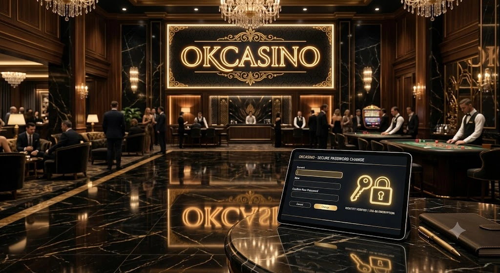 หน้าจอแท็บเล็ตแสดงขั้นตอนวิธีเปลี่ยนรหัสผ่าน OKCASINO และการตั้งค่าระบบรักษาความปลอดภัยของบัญชี