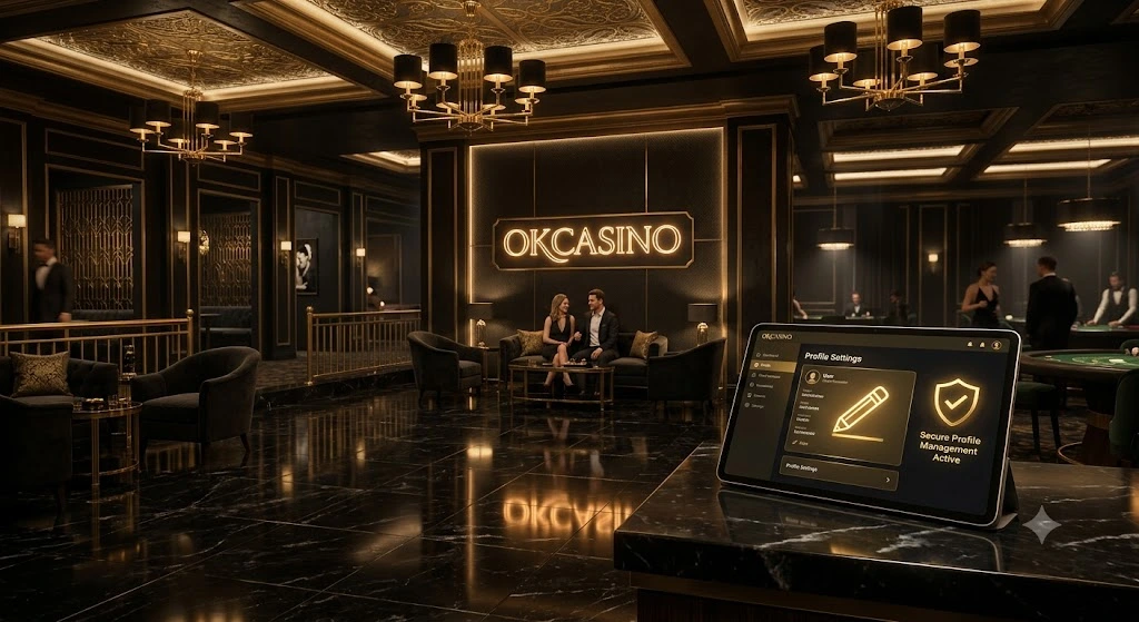 หน้าจอแท็บเล็ตแสดงระบบการจัดการและวิธีแก้ไขข้อมูลสมาชิก OKCASINO ด้วยมาตรฐานความปลอดภัยสูงสุด