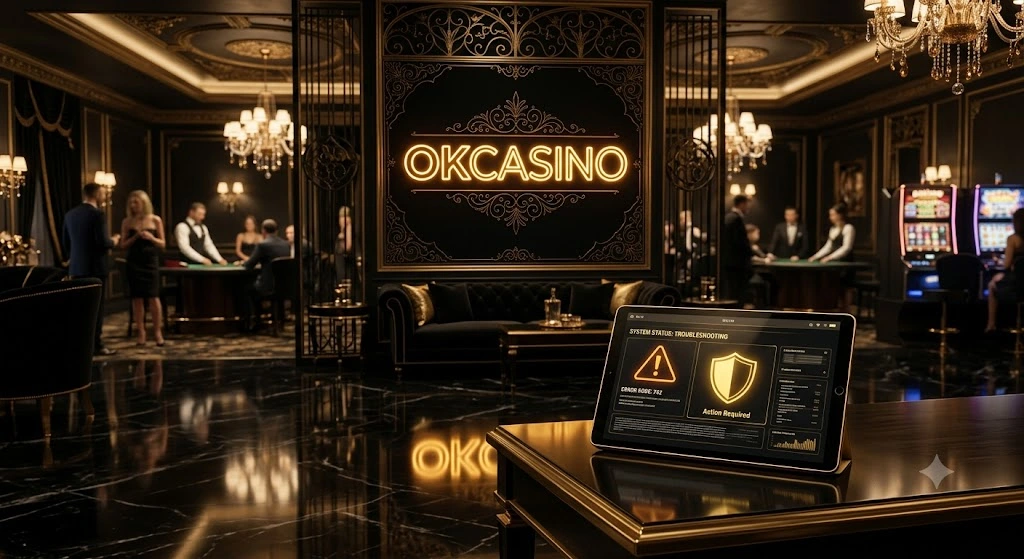 หน้าจอแท็บเล็ตแสดงวิธีแก้ไขปัญหาสมัครสมาชิก OKCASINO ไม่ผ่าน และการตั้งค่าระบบความปลอดภัยทางไซเบอร์