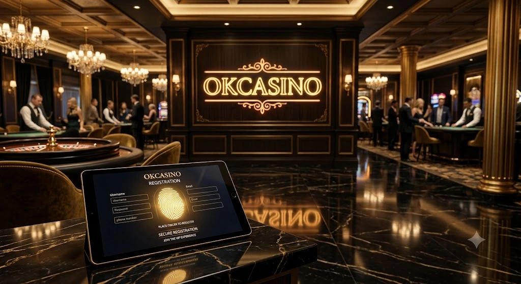 หน้าจอแท็บเล็ตแสดงขั้นตอนวิธีสมัครสมาชิก OKCASINO อย่างละเอียดและปลอดภัยตามมาตรฐานสากล