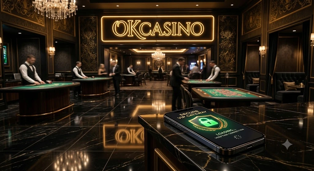 หน้าจอสมาร์ทโฟนแสดงทางเข้า OKCASINO อย่างเป็นทางการ พร้อมระบบตรวจสอบความปลอดภัยทางไซเบอร์ก่อนเข้าสู่ระบบ