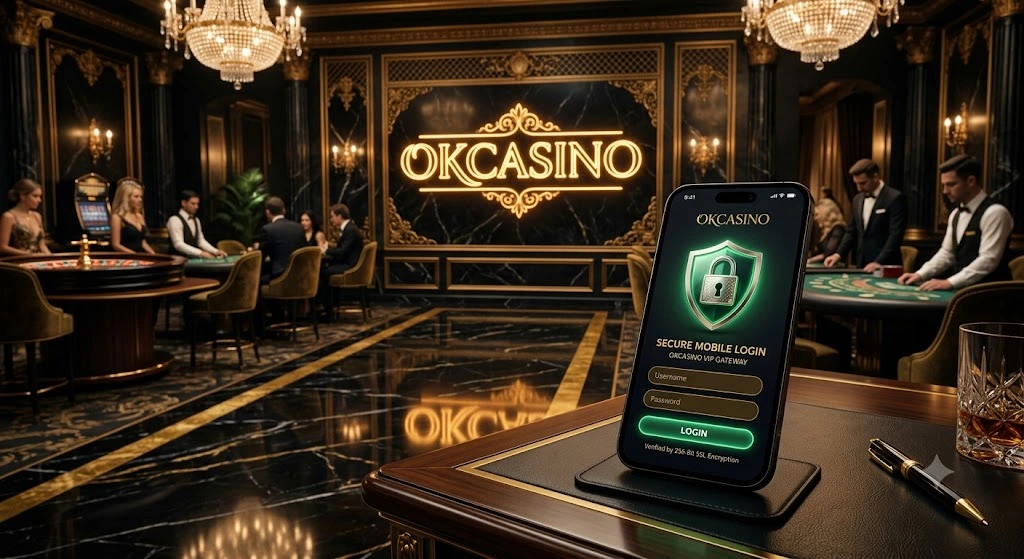 หน้าจอสมาร์ทโฟนแสดงทางเข้า OKCASINO ผ่านมือถือ พร้อมระบบรักษาความปลอดภัยแบบเข้ารหัส ป้องกันเว็บไซต์ปลอม