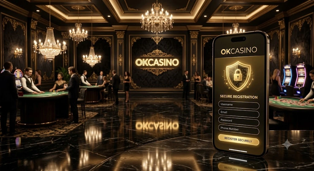 หน้าจอสมาร์ทโฟนแสดงขั้นตอนการสมัครสมาชิก OKCASINO ผ่านมือถือที่รองรับระบบความปลอดภัยขั้นสูง