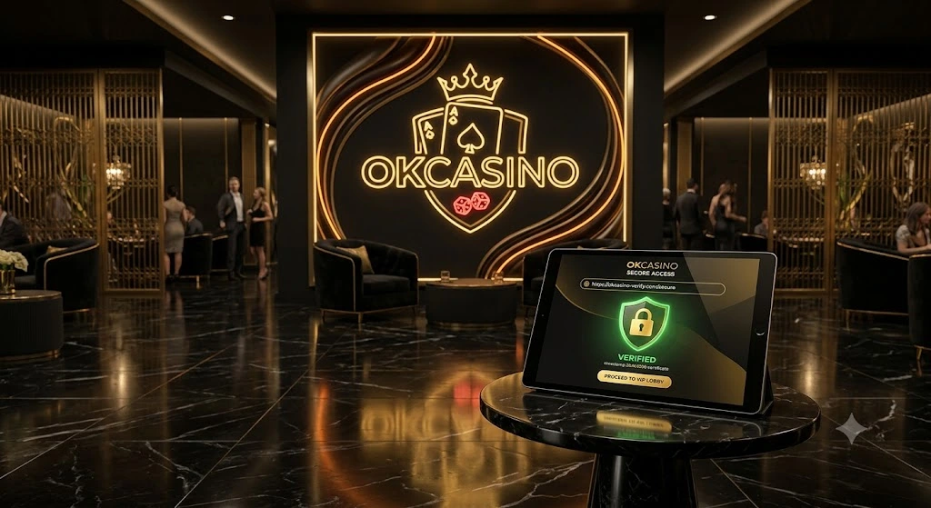 หน้าจอแท็บเล็ตแสดงวิธีตรวจสอบลิงก์ OKCASINO ของจริง พร้อมระบบเช็กความปลอดภัยป้องกันเว็บไซต์ลอกเลียนแบบ