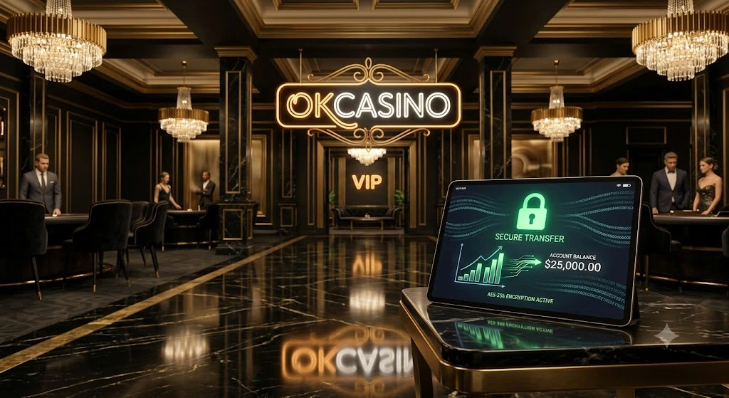 หน้าจอแท็บเล็ตแสดงระบบฝากถอนและธุรกรรมออนไลน์บนแพลตฟอร์ม OKCASINO ที่มีระบบรักษาความปลอดภัยและการเข้ารหัสข้อมูลขั้นสูง